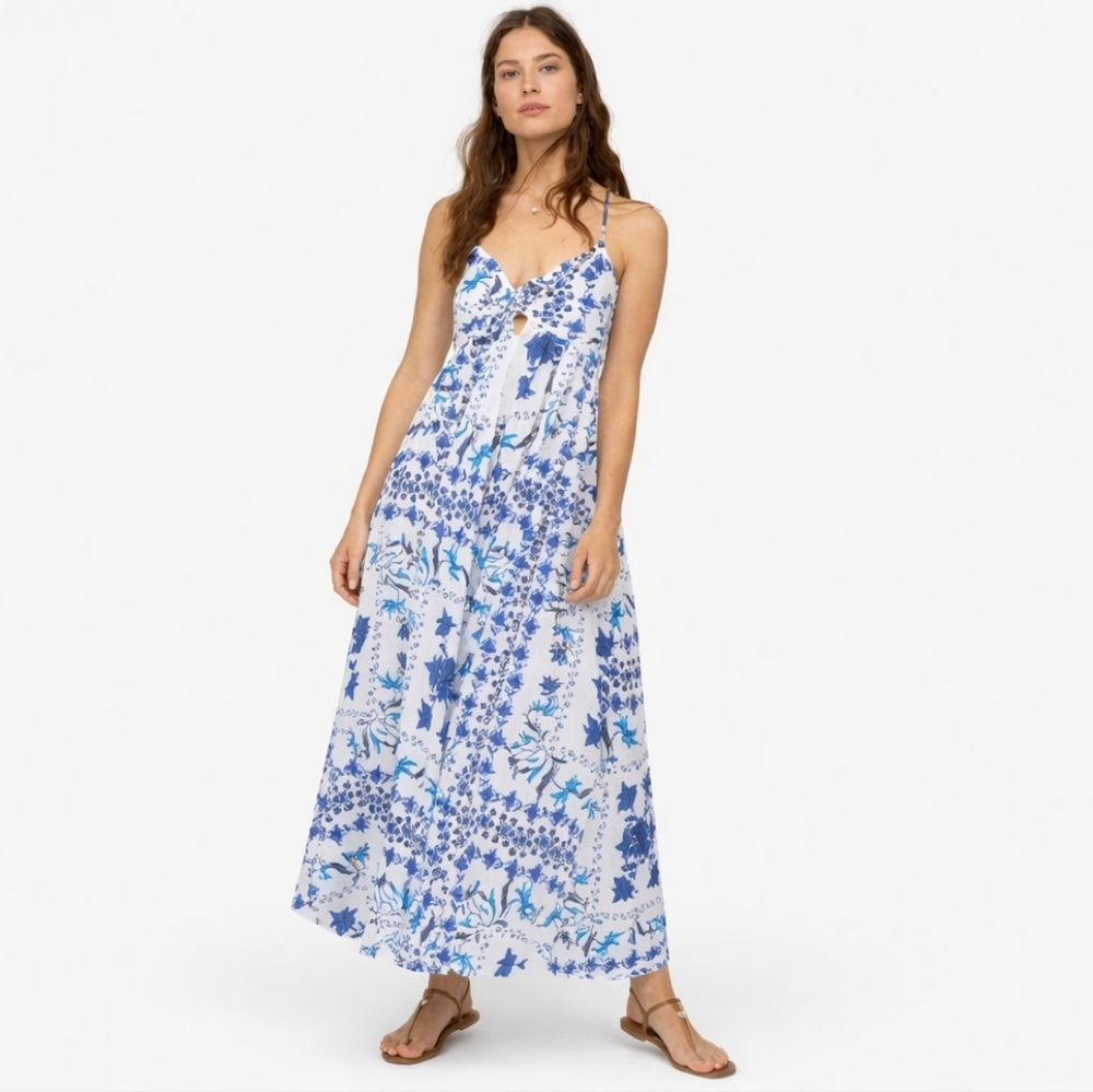 H&M Blue White Gauzy Floral Empire Waist Spaghetti Strap Romantic Maxi Dress